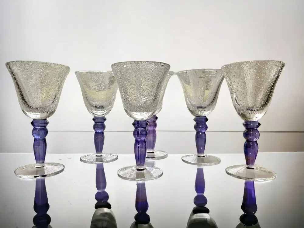 Vintage Pottery Barn Bubble Effect Bowl Blue Iridescent Stem Wine Glass Set 6